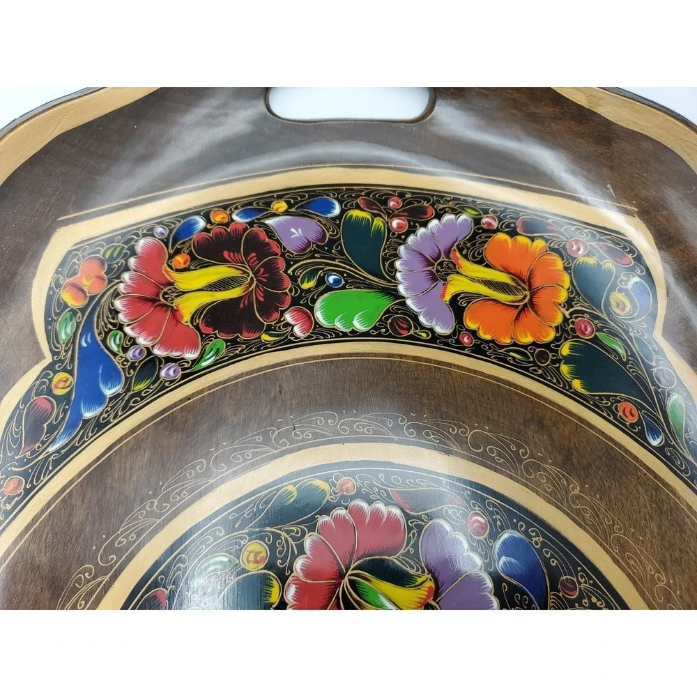 Vtg Mexico Batea Wood Hang Decor Serving Tray Handles Handpainted Bright Flowers